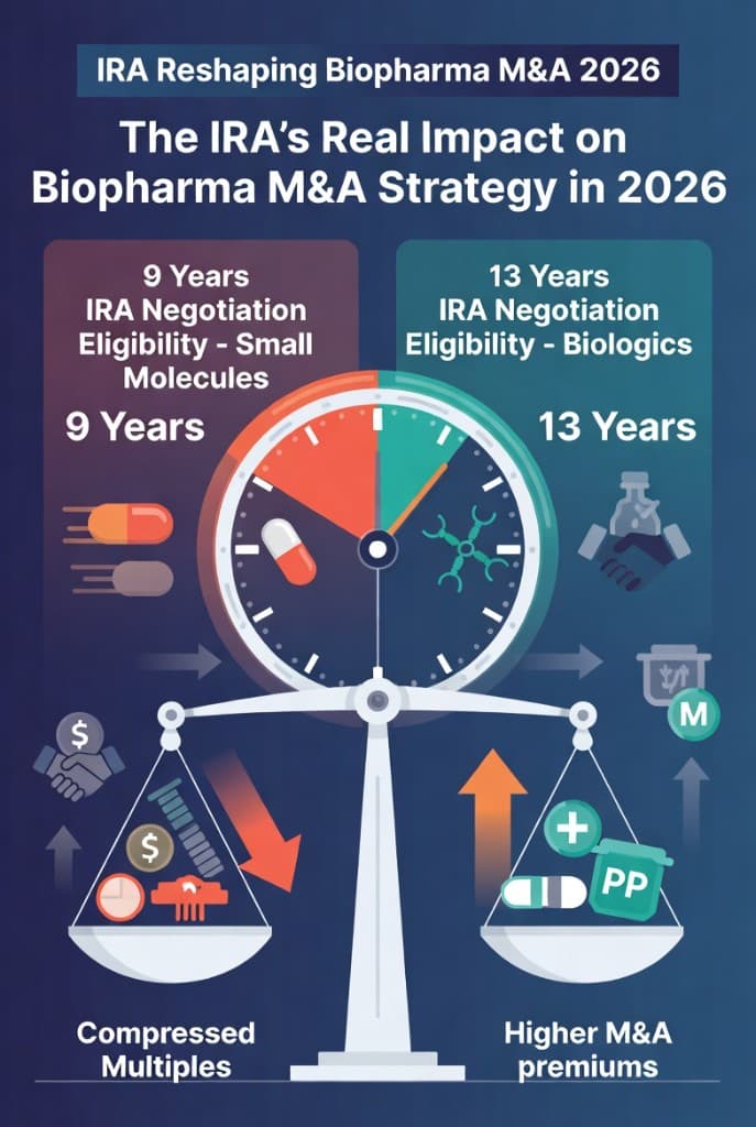 Infographic: IRA negotiation eligibility at 9 years for small molecules vs 13 years for biologics, and the resulting compressed multiples vs higher M&A premiums